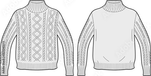 Cable knit turtleneck sweater fashion flat sketch, detailed vector CAD drawing with front and back views, apparel design template for winter knitwear development