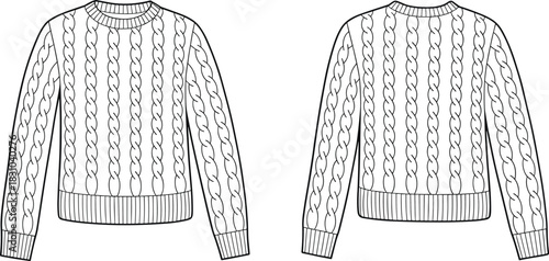 Classic cable knit crewneck sweater fashion flat sketch, detailed vector CAD drawing with front and back views, apparel design template for knitwear designers