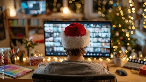 Cozy holiday scene with woman in Santa hat on Christmas computer call