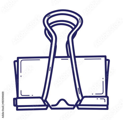 Hand drawn illustration of a dark blue binder clip isolated on a white background.