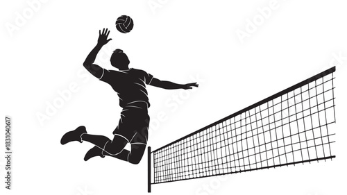 Volleyball player spiking the ball over the net silhouette vector illustration of an athlete in action isolated on white background