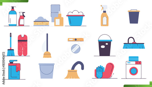 Cleaning Tools and Supplies Icon Set – Modern Flat Illustration Collection