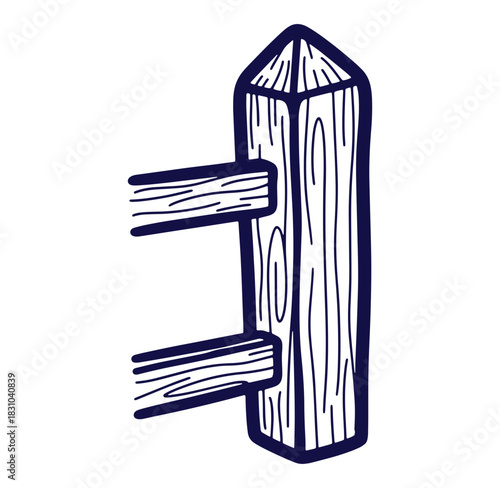Hand drawn wooden fence post graphic illustration with dark blue linework on a white background
