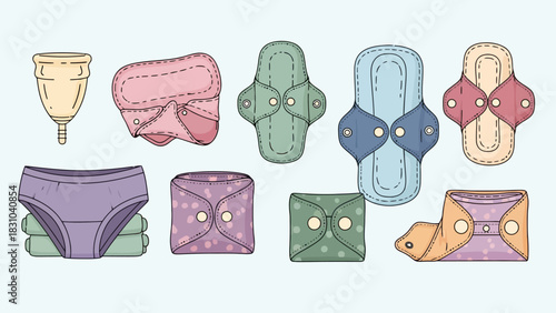 Various reusable menstrual products including a menstrual cup pads and underwear