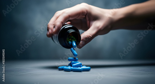 Healthcare Professional Hand Dispensing Blue Pills From Bottle For Mental Wellbeing And Drug Addiction Treatment In A Medical Setting Showing Remedy And Medication Choice