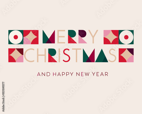 Festive geometric christmas card design with colorful squares and holiday greetings