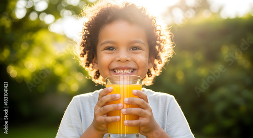 Healthy Hydration A Young Boy's Joyful Connection with Refreshing Orange Juice in the Warmth of Summer Sunlight A Celebration of Childhood Innocence and Wellness Outdoors