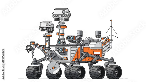 Pixel art of a Mars rover with robotic arm and laser