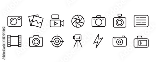 Capture memories with this simple photography line icon set, perfect for modern designs, website features, and social media content creation projects