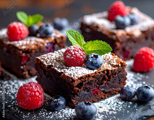 Chocolate brownies topped with powdered sugar, raspberries, blueberries, and mint on a dark surface