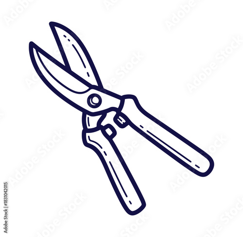 Line art illustration of open garden shears perfect for trimming bushes and plants.