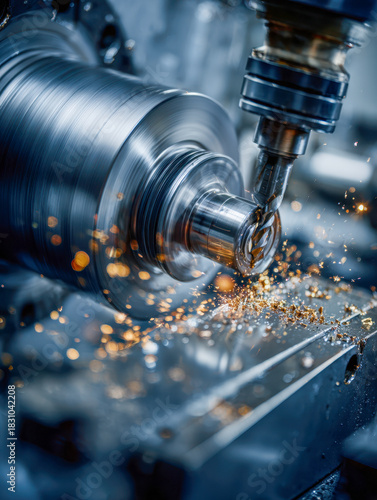 High precision metalworking milling machine producing sparks while shaping cylindrical metal part with spinning cutting tool in industrial manufacturing process