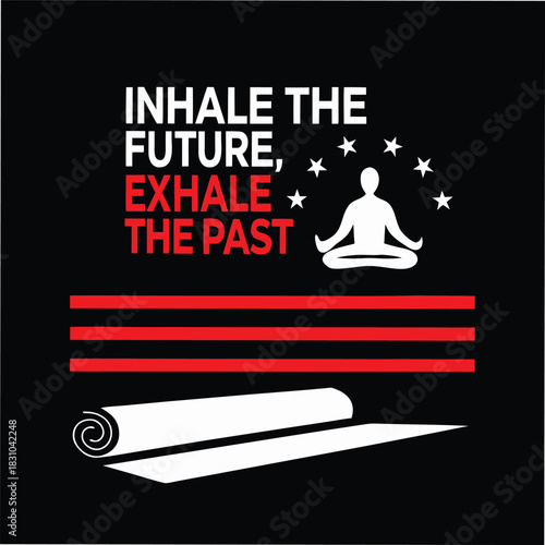 Person sits in lotus position amidst stars above yoga mat with text