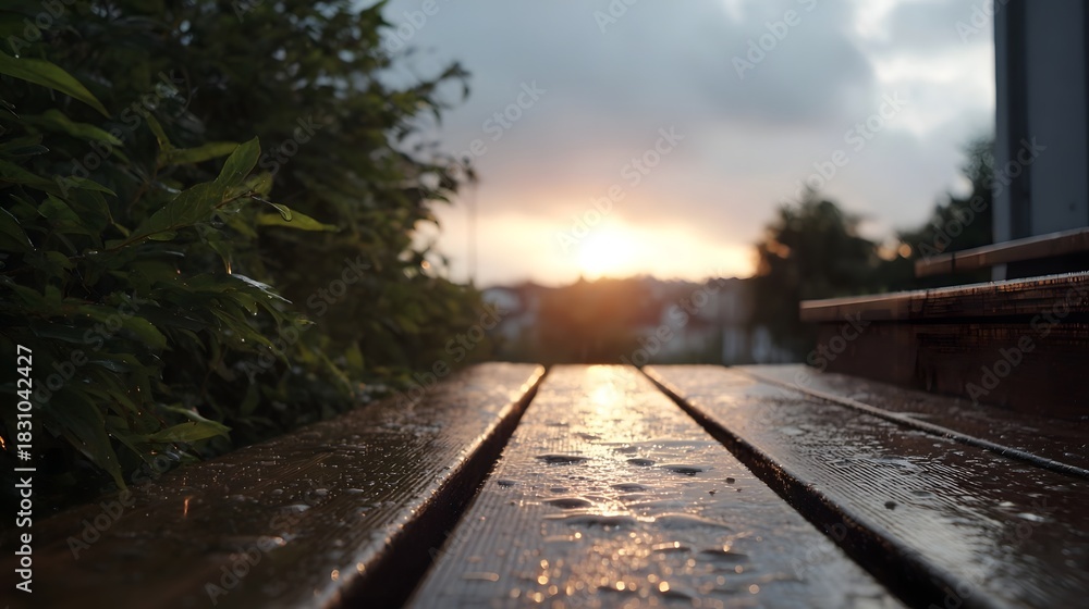 Fototapeta premium Wet wooden surface reflecting sunset light with rain droplets and distant cityscape