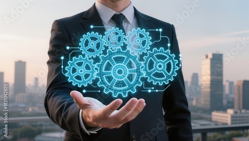 Business professional showcasing futuristic concepts with gears over a city skyline