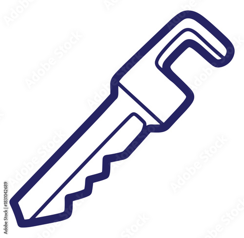 Simple dark blue outline illustration of a handsaw tool isolated on white background.