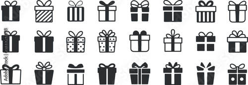 Black and White Gift Box Icons Set. Simple Present Symbol Collection.