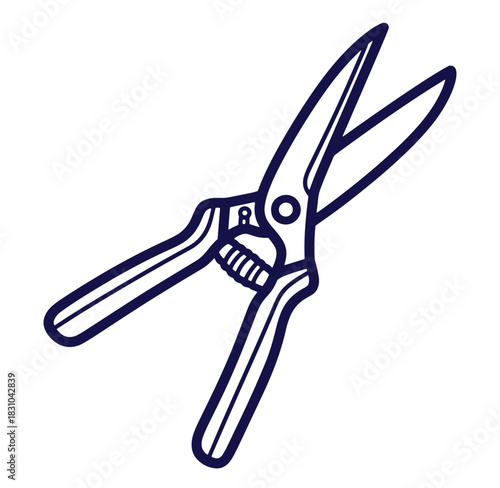 Simple blue outline illustration of garden secateurs isolated on a white background