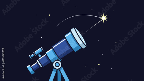 Blue telescope pointed at a shooting star in a pixelated night sky