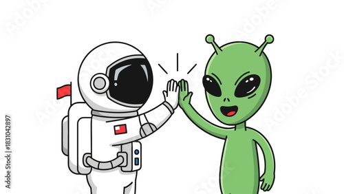 Astronaut and alien giving each other a high five