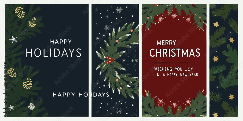 Naklejka premium Festive christmas and happy holidays greeting cards with pine branches and snowflakes