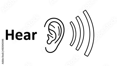 Black outline of an ear with sound waves next to the word Hear