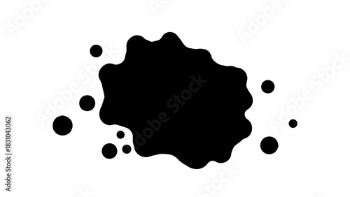 Black ink blot with scattered droplets on a white background