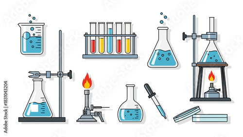 Laboratory equipment collection featuring beakers flasks test tubes burner and dropper