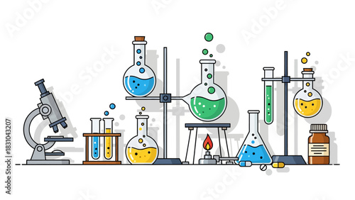 Laboratory equipment including a microscope flasks test tubes and pills