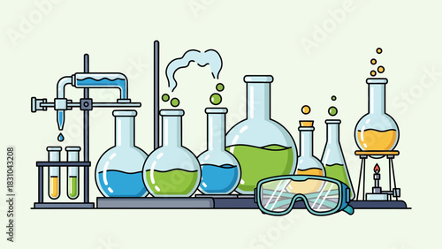 Laboratory equipment with beakers flasks test tubes and goggles