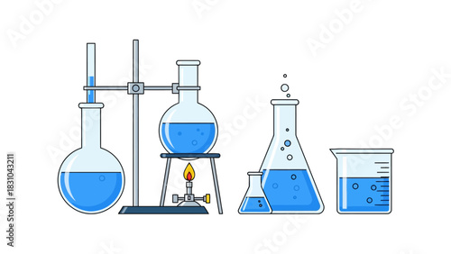 Laboratory glassware filled with blue liquid and a burner