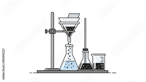 Laboratory setup for filtration with beakers and flasks