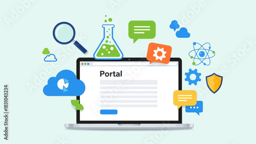 Laptop displaying Portal with surrounding science and technology icons