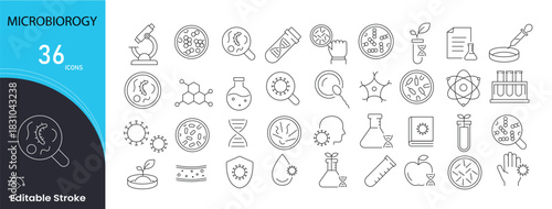 Microbiology icons set for bacteria, virus, cells, lab tools, microscope, samples, and scientific study. Editable stroke.