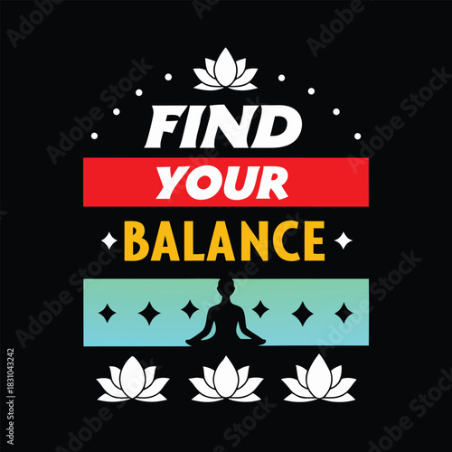 Silhouette meditates to find balance between lotus icons over black background for harmony