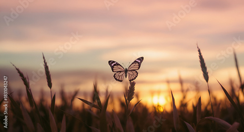 silhouette of a butterfly against a warm sunset sky over a field