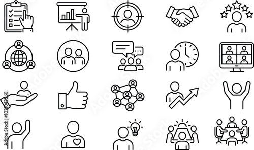Business teamwork management success communication leadership strategy target growth goal presentation meeting line icon set vector