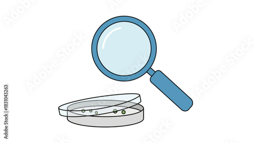 Magnifying glass over a petri dish with small green objects