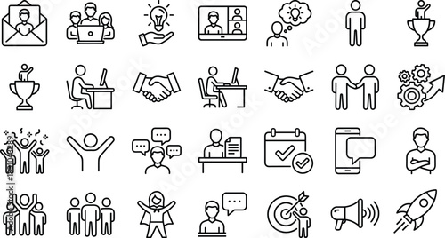 Business teamwork success communication leadership idea start-up management target achievement development project planning line icon set vector