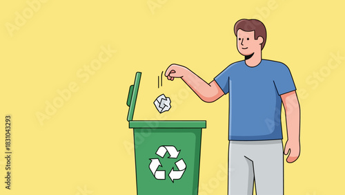 Man throwing crumpled paper into a green recycling bin