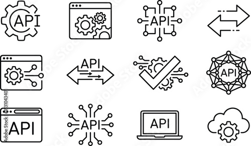 API Application Programming Interface Line Icon Set: Software Integration, Development, Technology, Web Services, Data Exchange, Network, Cloud Computing, System Optimization