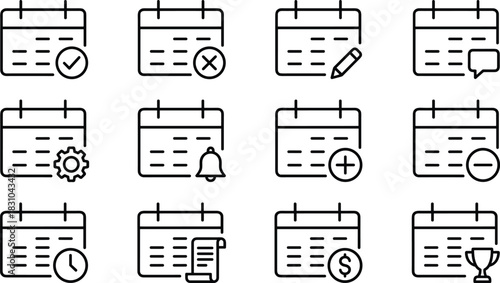 Calendar and Appointment Management Line Icon Set: Scheduling, Task List, Time, Event Planning, Reminder, Setting, Financial Date, Success, Complete, Modern Interface