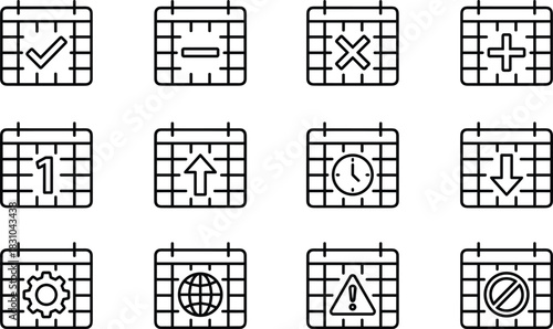 Calendar and Date Management Line Icon Set: Scheduling, Appointment, Time, Global Event, Settings, Warning, Add, Delete, Complete Task, Digital Planning Interface