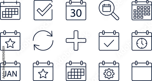 Calendar and Date Line Icon Set: Scheduling, Time Management, Task Check, Add Event, Refresh, Search, Favorites, Settings, Month, Appointment Planner