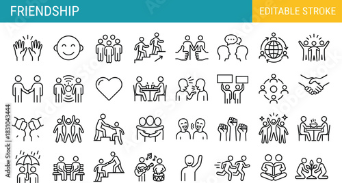 Friendship teamwork social connection partnership communication support community success celebration people interaction line icon set vector