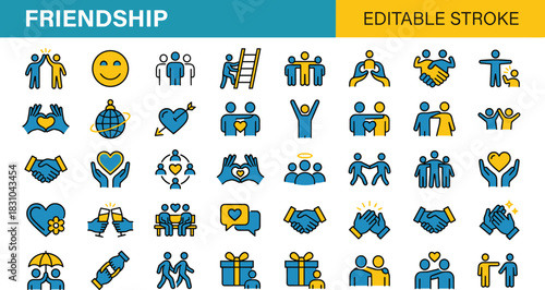 Friendship social connection relationship love community support teamwork partnership celebration people interaction icon set vector illustration
