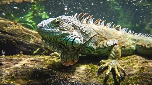 Extreme close-up shot of a majestic Green Iguana submerged underwater, resting on a log with tiny bubbles rising, perfect for nature documentaries and tropical travel promotions.