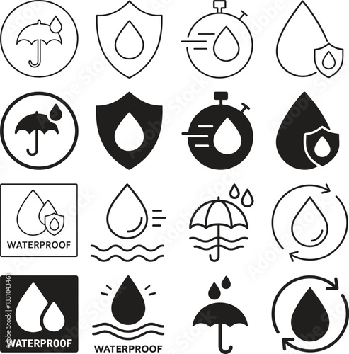 A set of hand-drawn and solid icons representing water resistance, waterproofing, and protection against water.