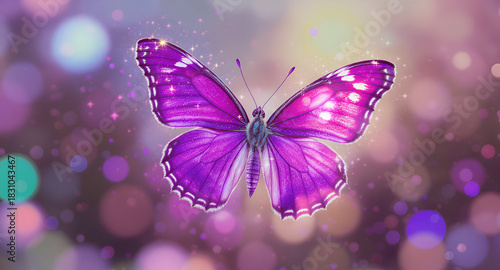 Violet monarch butterfly surrounded by sparkling particles
