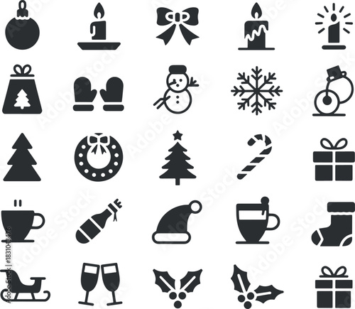 Set of black silhouette icons for christmas holiday celebration
